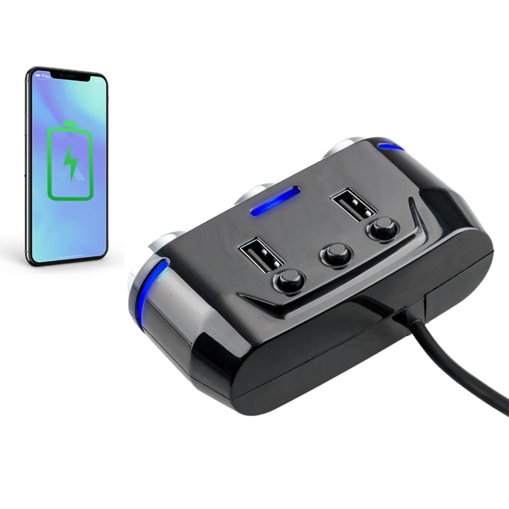 3 Way 12V Car Cigarette Lighter Splitter Dual USB Charger Digital Display