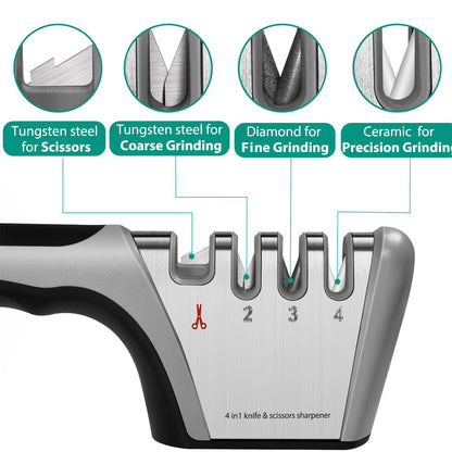 4 Stage Knife Sharpener Non Slip Base Kitchen Scissor Sharpener - Grey