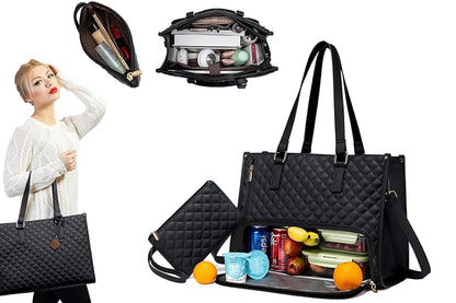 2-in-1 Tote Bag with Insulated Lunch Compartment and Wallet-Black