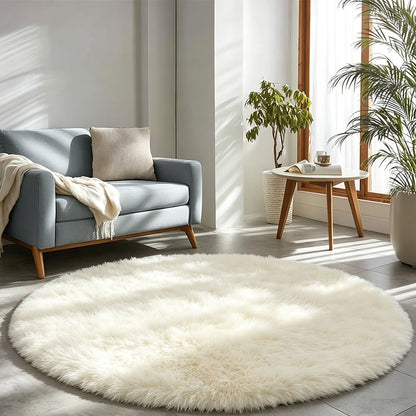 Round Plush Area Rug Soft Fluffy Non Slip Carpet-Beige