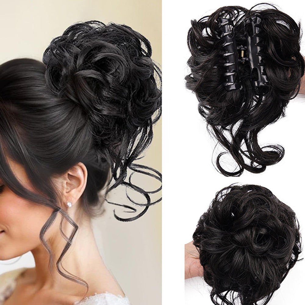 Wavy Bun Hairpiece Clip In Hair Extension Claw Clip Messy Fluffy Hair Piece - Black