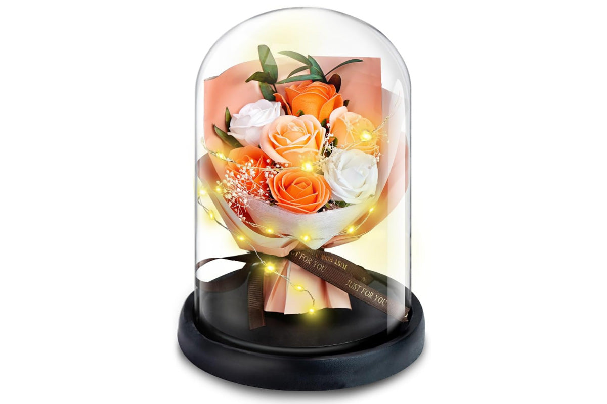 Rose in Glass Dome Handmade Preserved Flower Decoration Dome with Led LightsChampagne