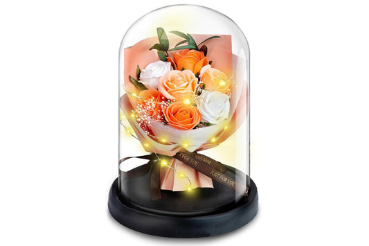 Rose in Glass Dome Handmade Preserved Flower Decoration Dome with Led LightsChampagne