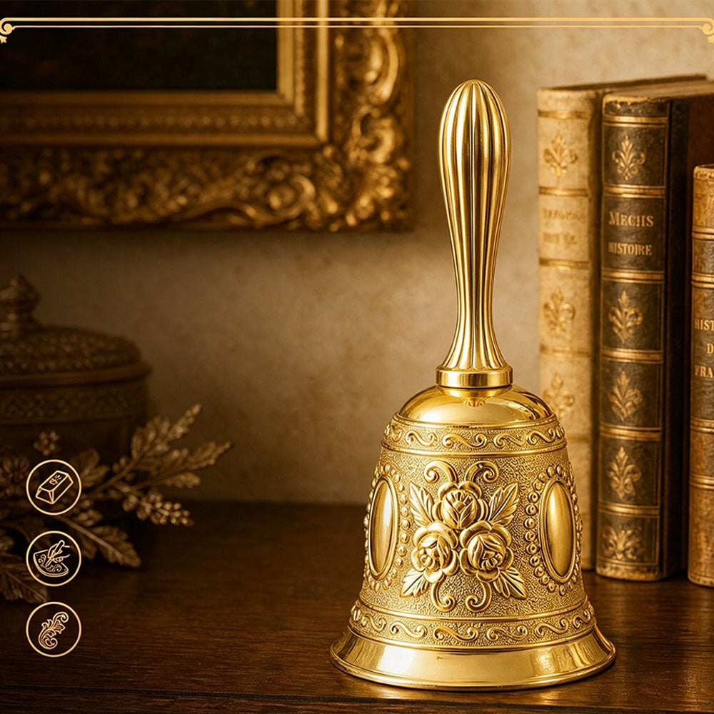 Vintage Hand Bell Retro Metal Dinner Bell with Rose Pattern - Gold