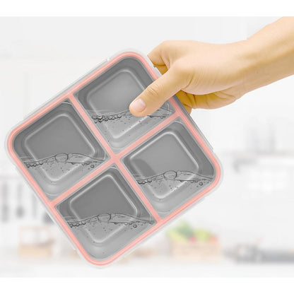 2Pcs Stainless Steel Snack Box With 4 Compartments Divided Meal Prep Container-Pink