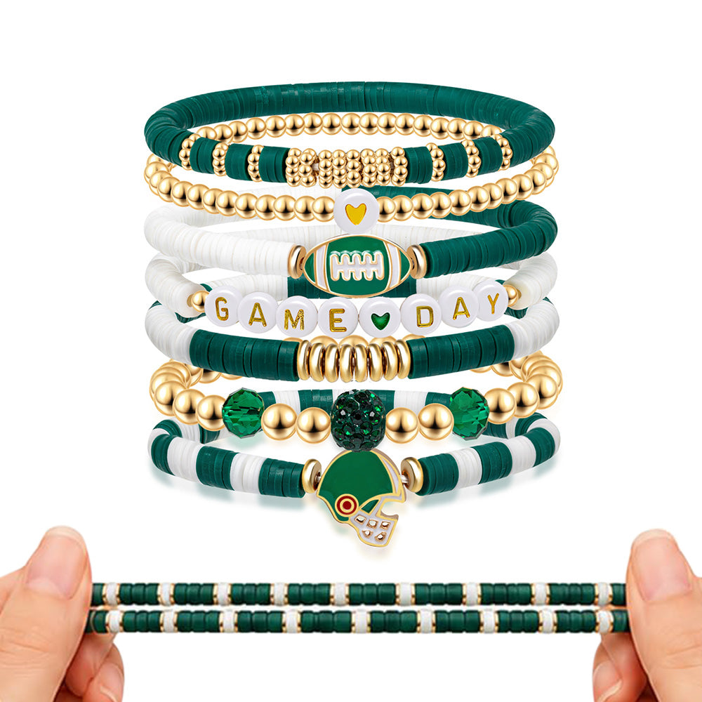 7 Piece Elastic Clay Bead Football Bracelet Stack Set - Green
