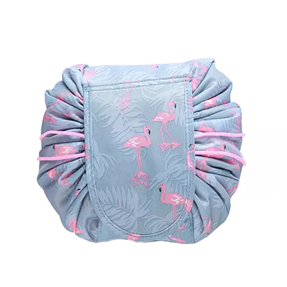 Printed Cosmetic Storage Bag Drawstring Make-Up Travel Bag Makeup Tools Organizer Folding Cosmetic Bag -Blue Flamingo