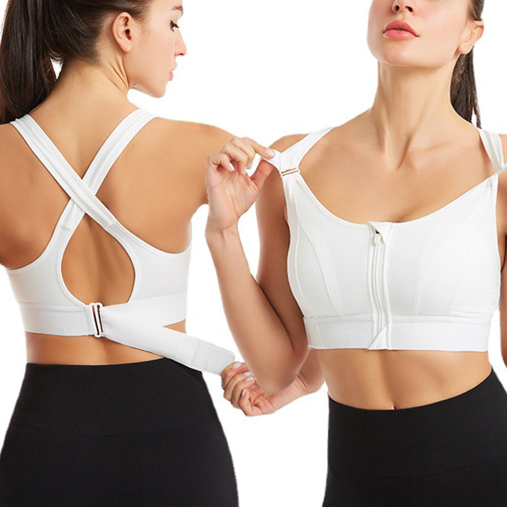 Adjustable Supportive Sports Bra with Front Zipper for Women-White