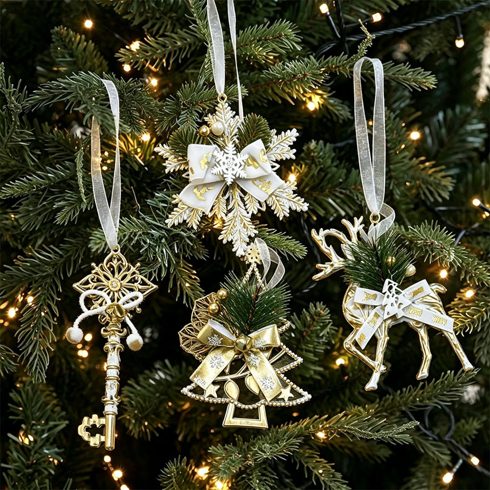 4 Piece Gold Christmas Snowflake Deer Tree and Key Hanging Ornament Set