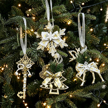 4 Piece Gold Christmas Snowflake Deer Tree and Key Hanging Ornament Set