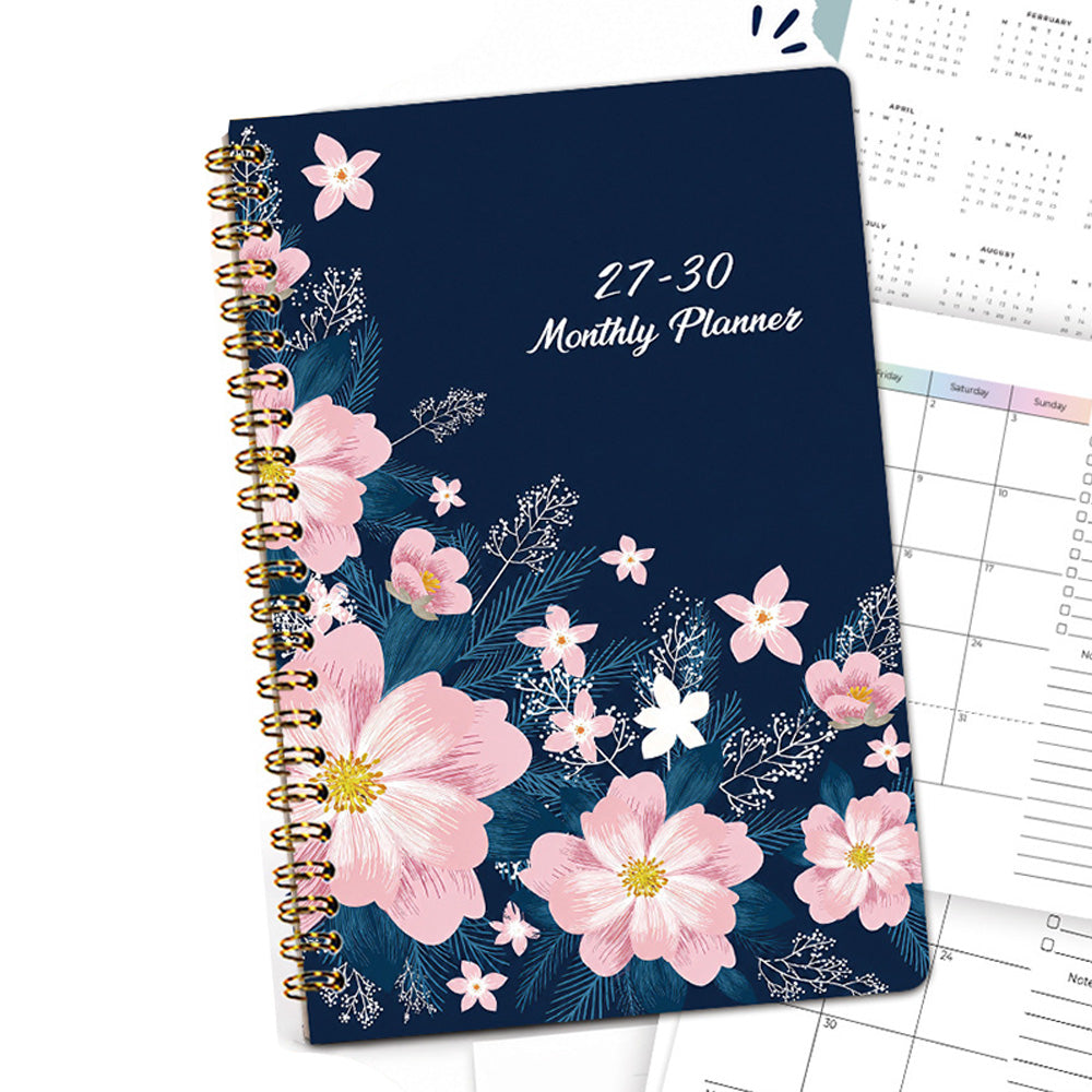 2027 to 2030 Four Year A5 Spiral Monthly Goal Planner Notebook - Blue Floral