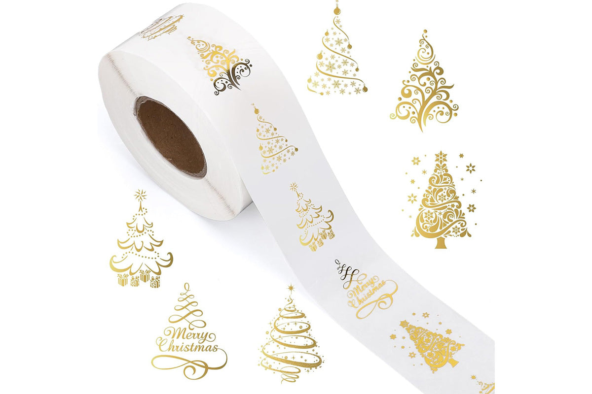 2 Rolls 1000 Gold Foil Clear Round Christmas Stickers