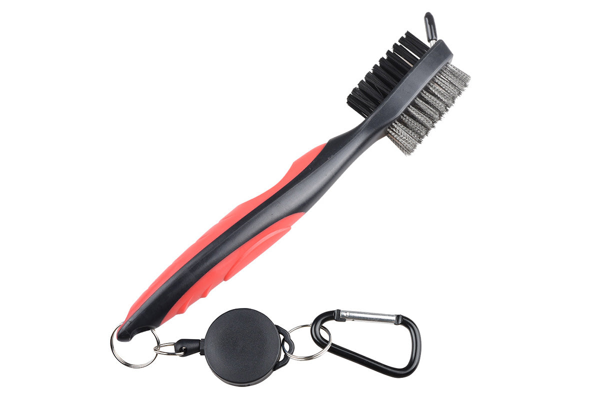 Dual Sided Golf Club Groove Cleaner Brush Tool with Retractable Carabiner -Red