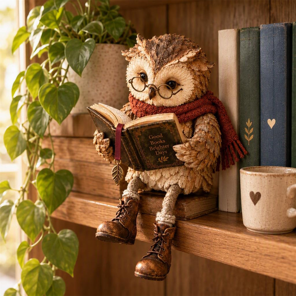Reading Owl Figurine Resin Cute Whimsical Bookshelf Decor for Mantel Desk