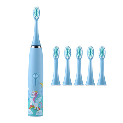 Kids Cartoon Electric Toothbrush Rechargeable Speed Control Toothbrush with 6 Replacement Heads Blue