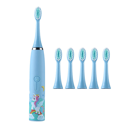 Kids Cartoon Electric Toothbrush Rechargeable Speed Control Toothbrush with 6 Replacement Heads Blue