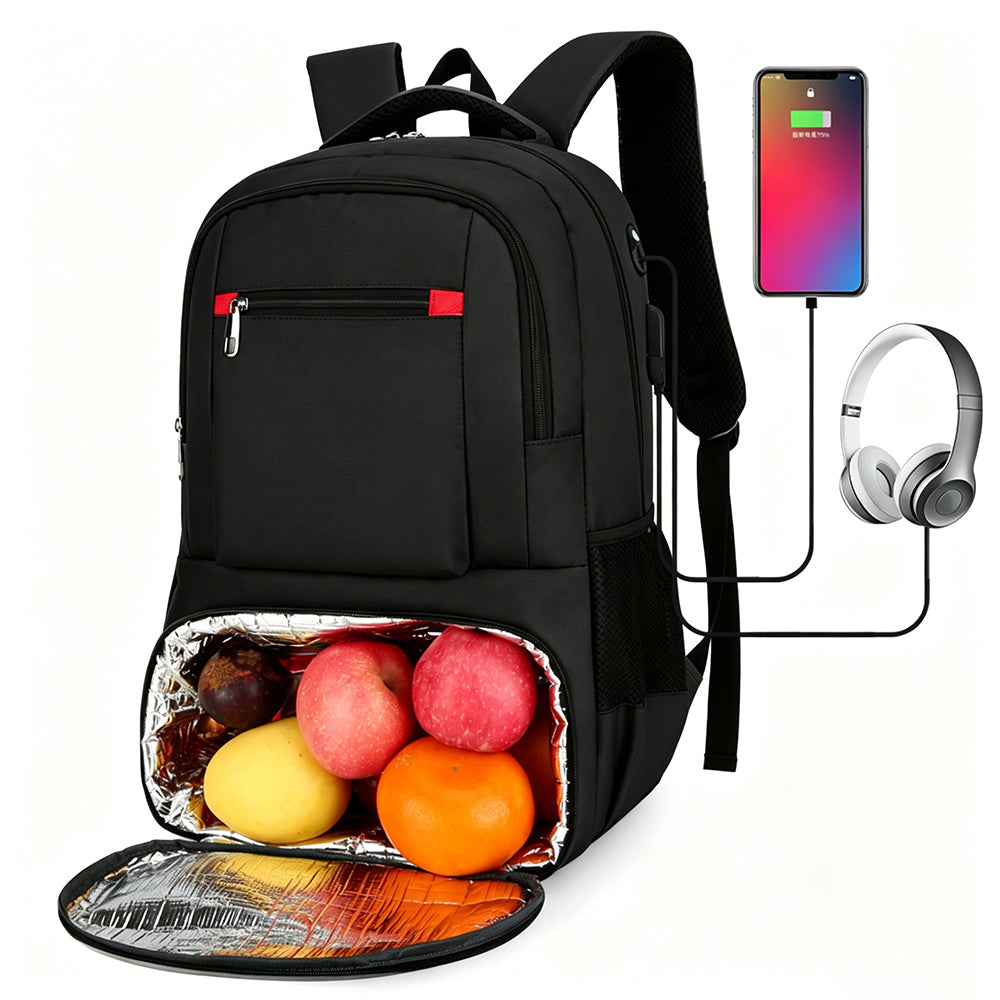 2 in 1 Large Capacity Laptop Backpack and Insulated Lunch Bag for Office Travel-Black