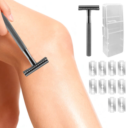 Matte Double Edge Safety Razor Manual with 10 Blades for Men Shaving Black