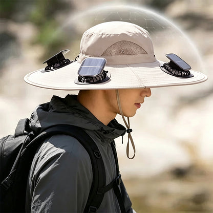 Solar Fan Hat with 3 Fans and USB Charging Cooling Hat - Light Grey