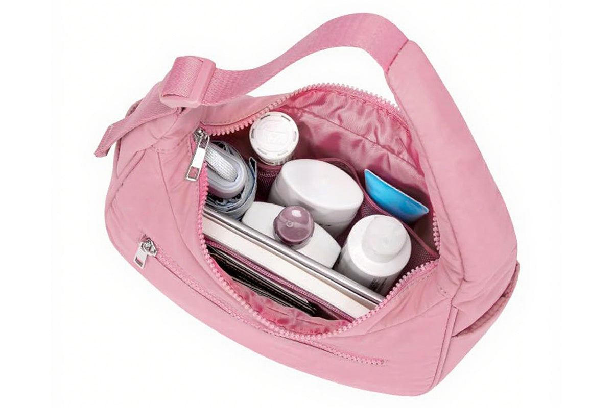 Puffer Crescent Shoulder Bag for Women Quilted Handbag with Adjustable Strap -Pink