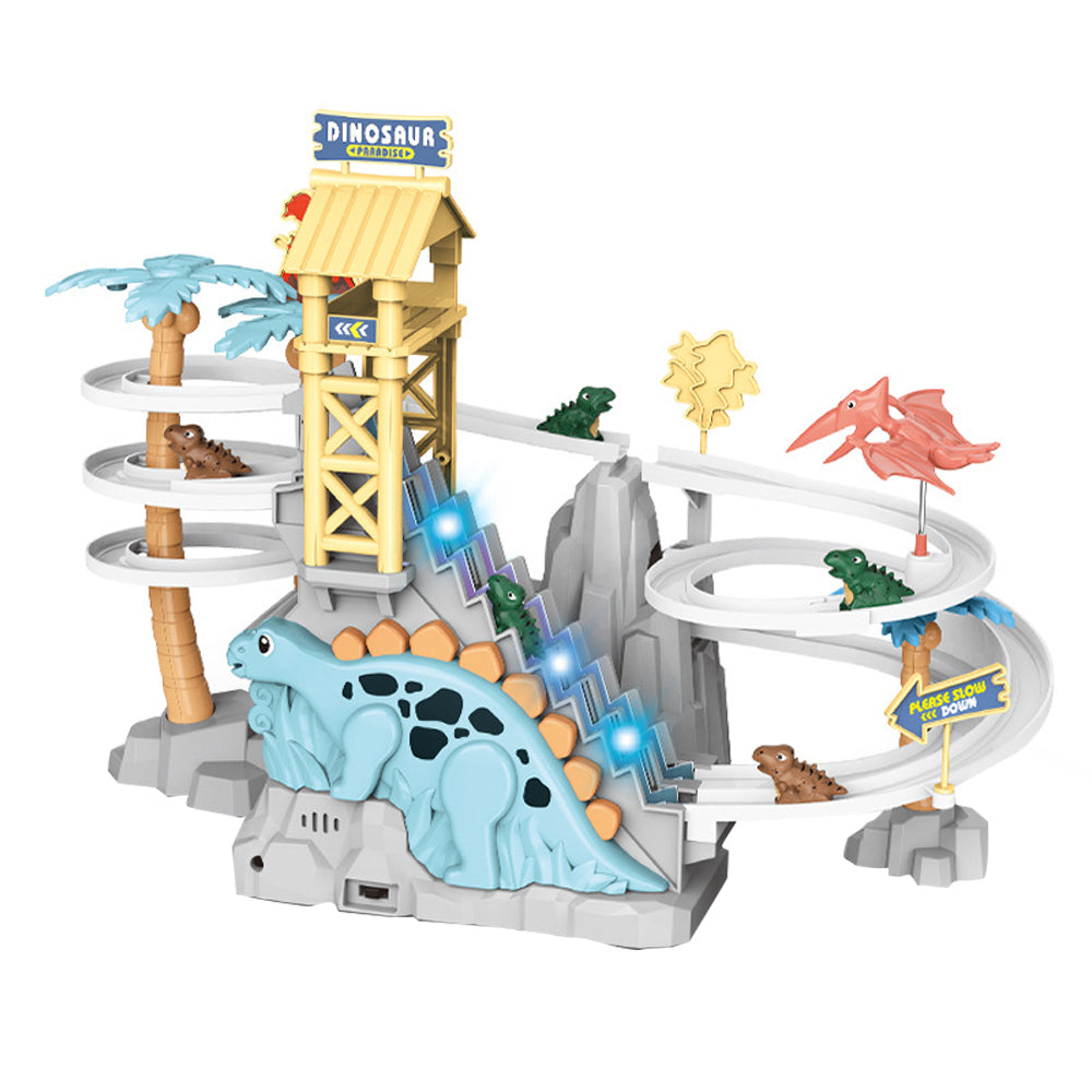 Electric Dinosaurs Climbing Slide Stairs Toy  Light Up Music Race Track Toy With 5 Little Dinosaurs Blue