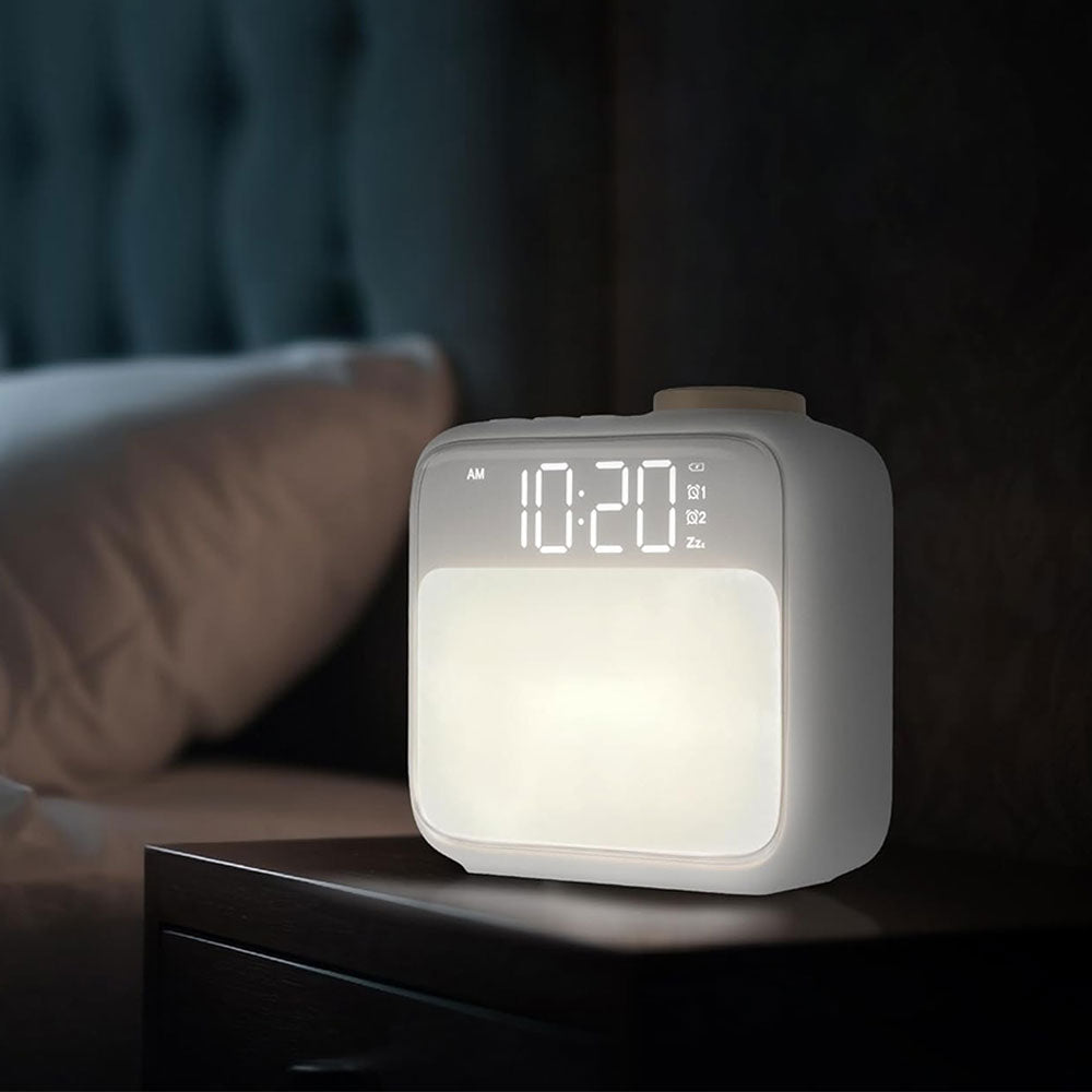 Alarm Clock with RGB Night Light Rechargeable Digital Clock with White Noise Sync