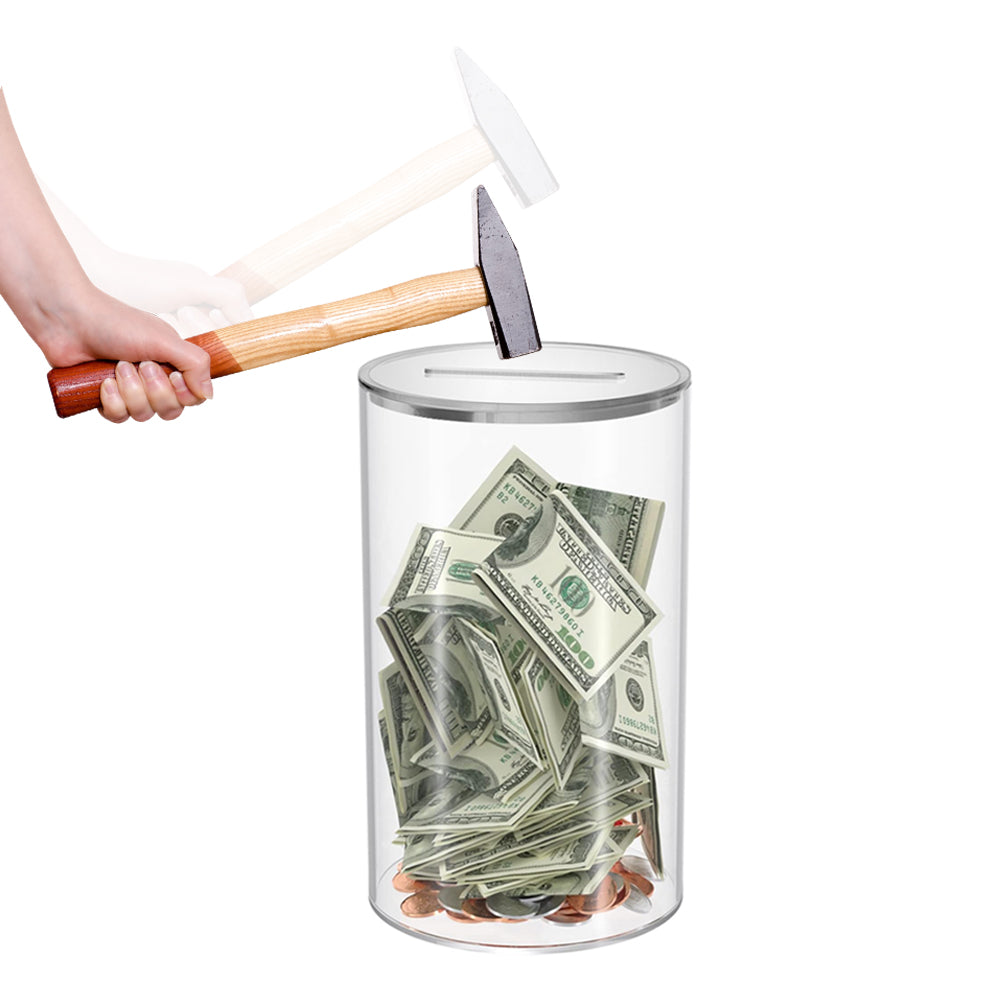 Round Clear Acrylic Piggy Bank Must Break to Open Money Box