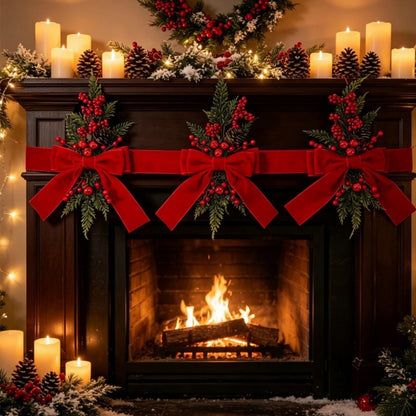 3 Piece Christmas Velvet Bow Ribbon Teardrop Swags for Door and Mantel - Red