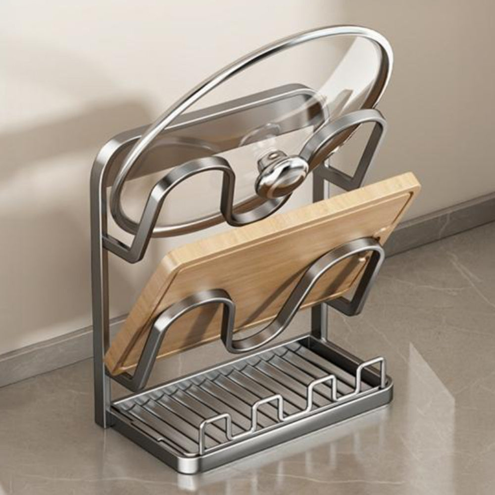 Pot Lid Storage Rack Carbon Steel Holder with Drip Tray Organizer-Grey