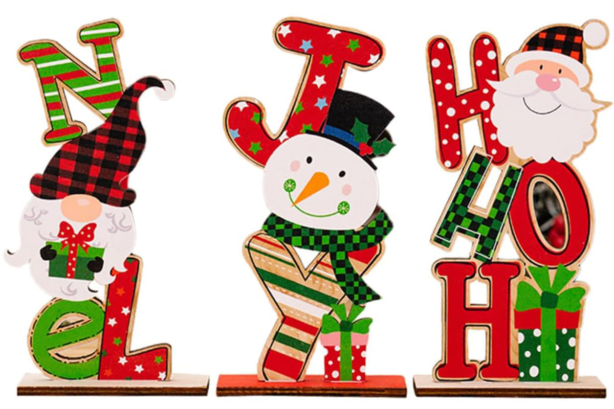 3Pcs Christmas Wooden Letter Figurine Ornaments Set with Santa Snowman Gnome Table Decoration Signs-Each of Style