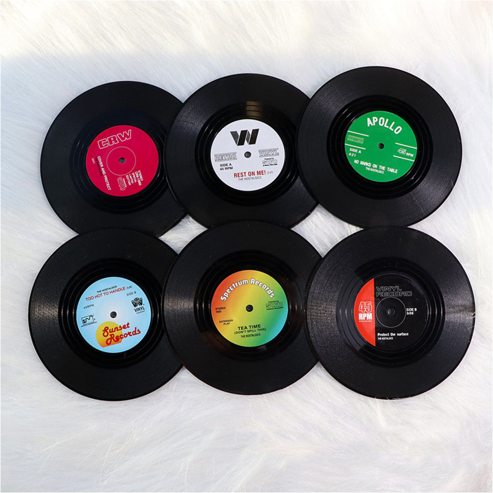 Retro Vinyl Record Coaster Set 6 Pcs with Record Player Stand Gift - White