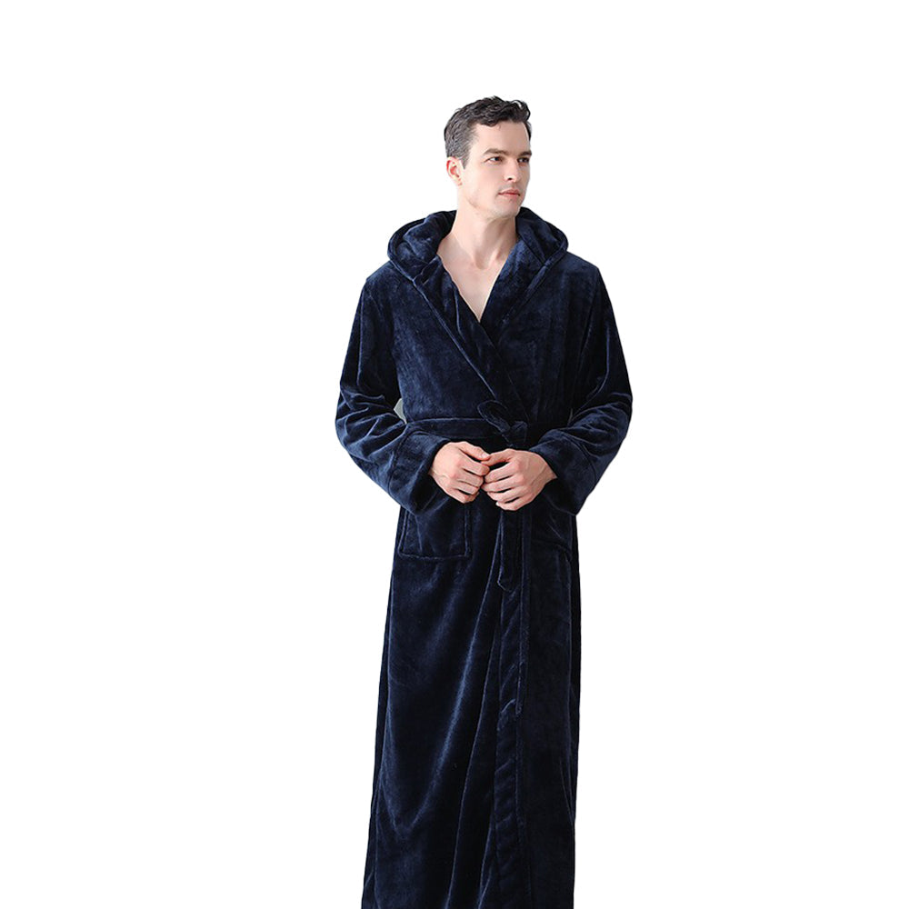 Unisex Winter Long Bathrobe Solid Warm Hooded Bath Robe for Lovers Dark Blue