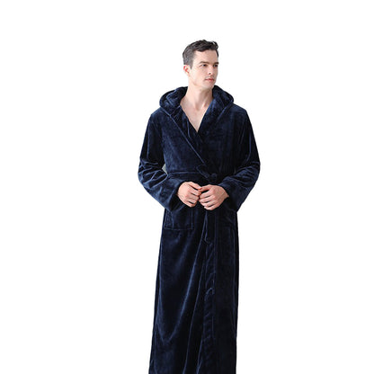 Unisex Winter Long Bathrobe Solid Warm Hooded Bath Robe for Lovers Dark Blue