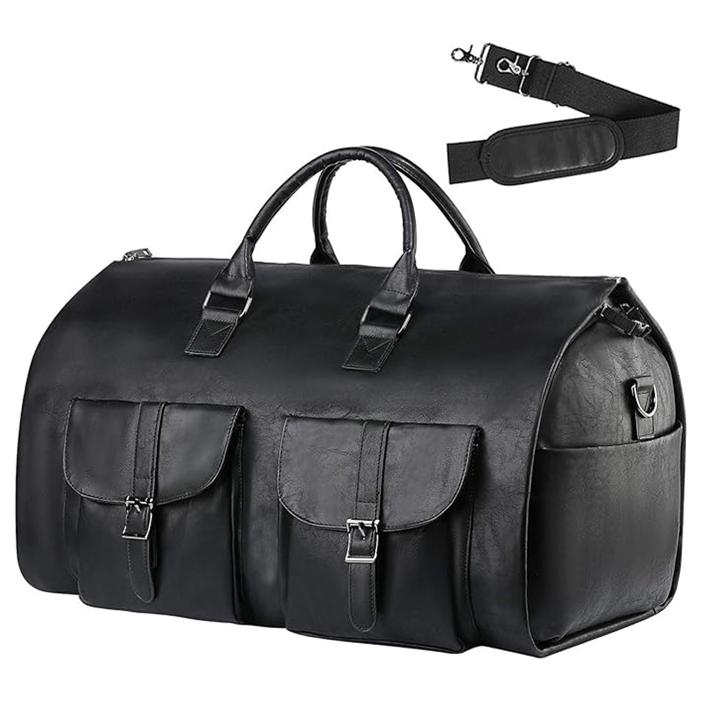 Foldable Carry on Duffel Bag PU Leather Overnight Luggage Bag With Shoes Compartment-Black