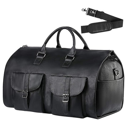 Foldable Carry on Duffel Bag PU Leather Overnight Luggage Bag With Shoes Compartment-Black