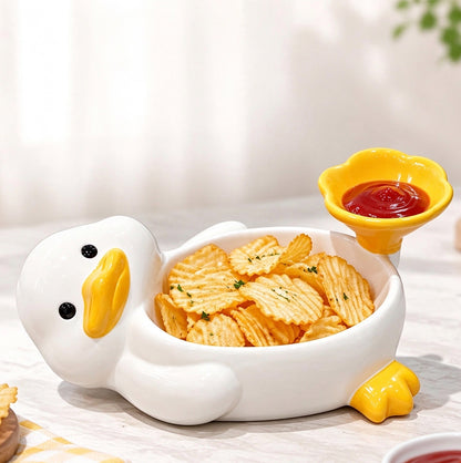 Ceramic Duck Shaped Snack Bowl with Built In Dipping Sauce Compartment