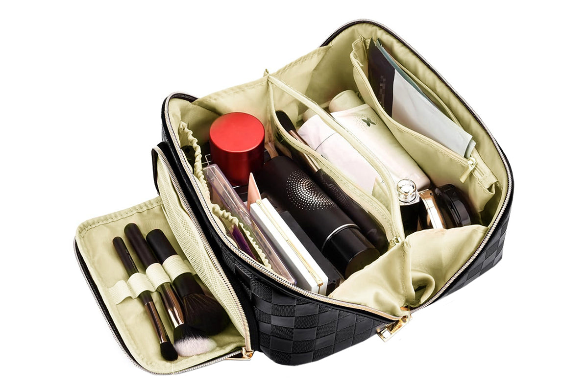 Large Capacity PU Leather Water-Resistant Checkered Cosmetic Bag Travel Makeup Bag-Black
