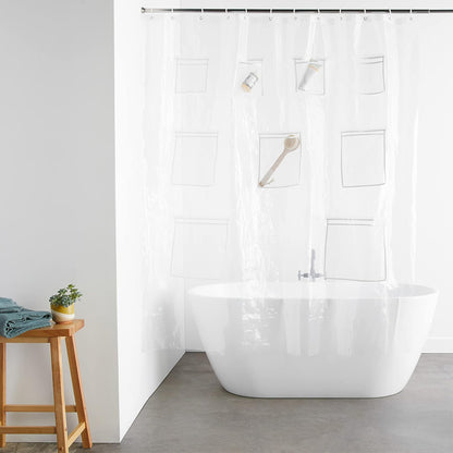 PEVA Waterproof Shower Curtain with 9 Mesh Pockets