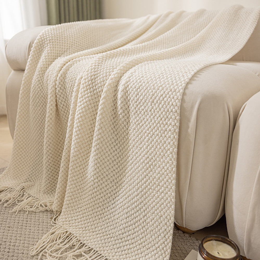 Vintage Knitted Throw Blanket with Tassels-Beige