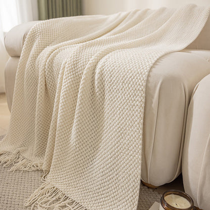 Vintage Knitted Throw Blanket with Tassels-Beige