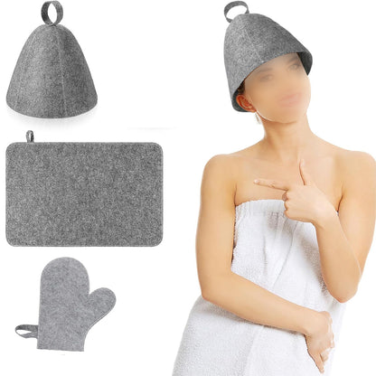 3Pcs Sauna Felt Kit with Hat and Gloves-Grey