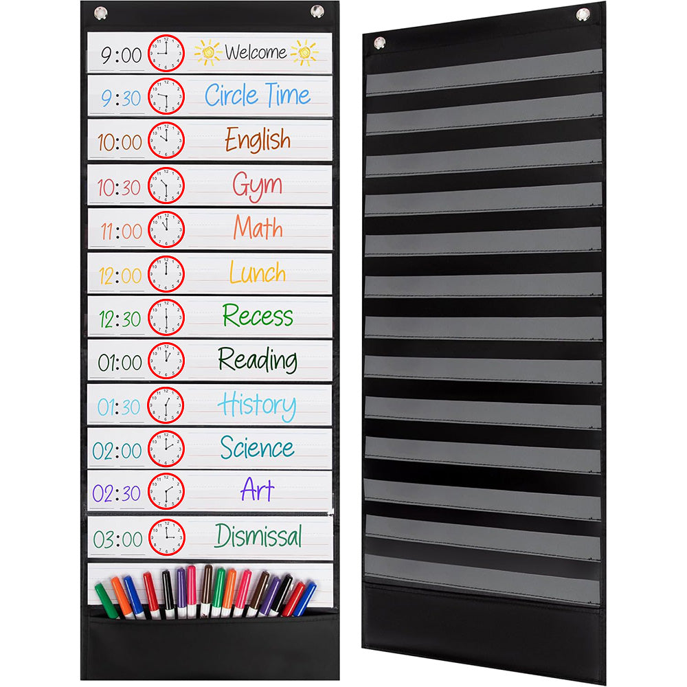Wall Time Management Card Organizer with 14 Dry Erase Cards - Black