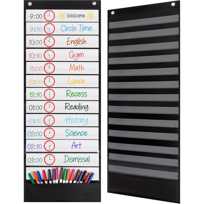 Wall Time Management Card Organizer with 14 Dry Erase Cards - Black