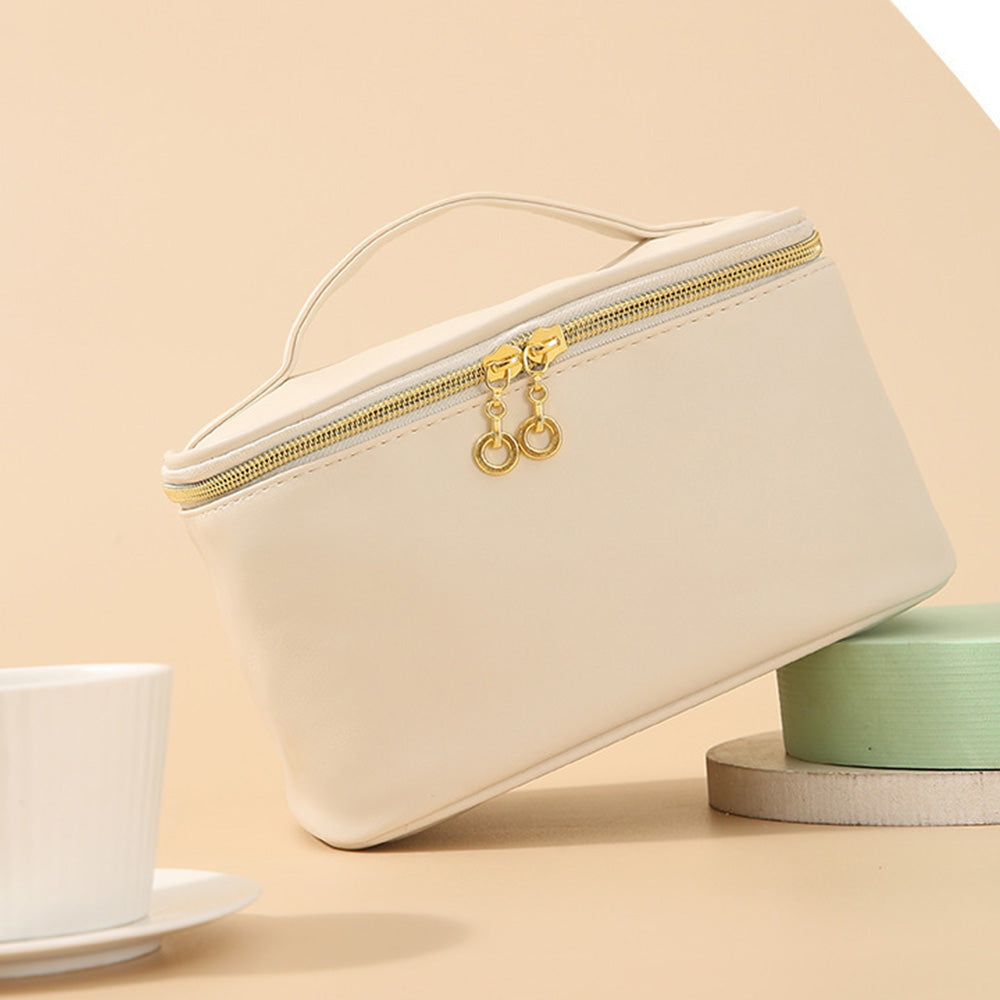 PU Leather Makeup Bag Large Capacity Travel Cosmetic Bag Toiletry Bag for with Handle and Divider White