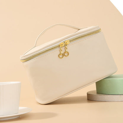 PU Leather Makeup Bag Large Capacity Travel Cosmetic Bag Toiletry Bag for with Handle and Divider White