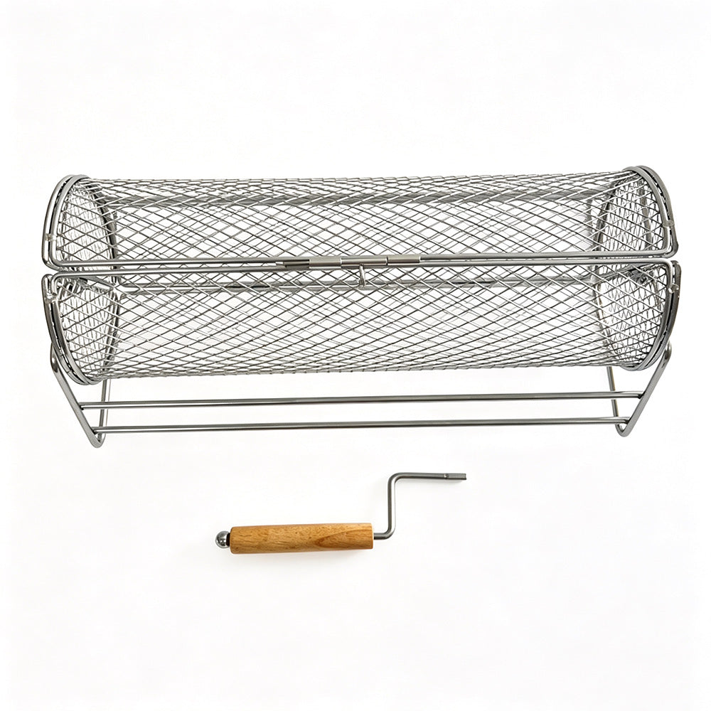Rotating Stainless Steel BBQ Grill Basket with Stand and Handle