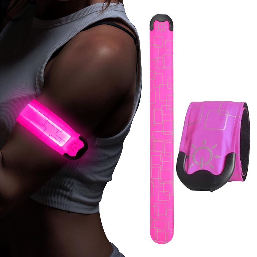 2Pcs Rechargeable LED Light-Up Armband Slap Bracelet Flashing Arm Wrist Bands for Night Running Cycling Pink