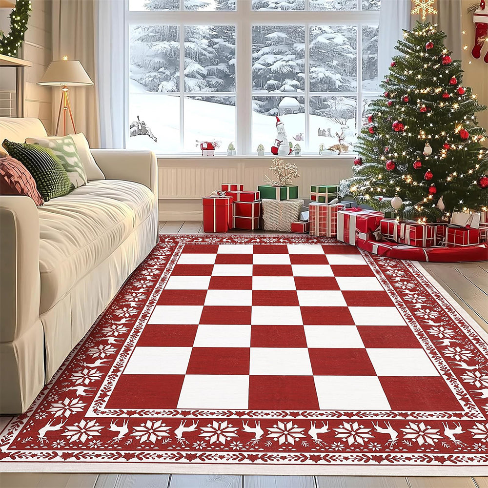 Christmas Plaid Short Pile Rug with Non Slip Rubber Backing - Red plaid