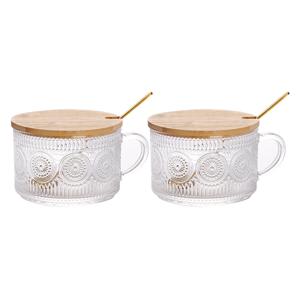 2PCS Vintage Embossed Coffee Mugs With Lid And Spoon For Tea Milk -Sunflower