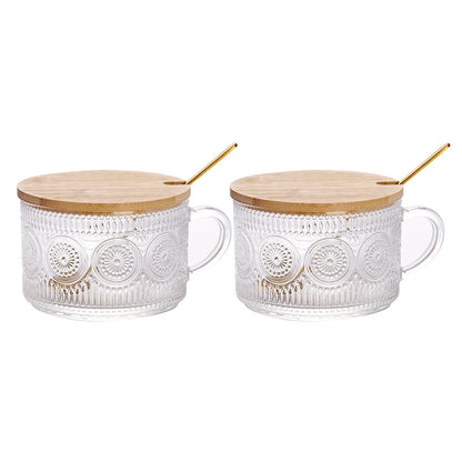 2PCS Vintage Embossed Coffee Mugs With Lid And Spoon For Tea Milk -Sunflower